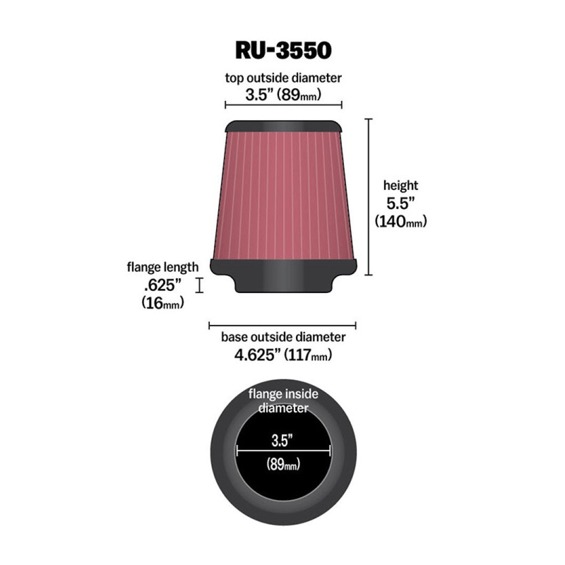K&N Universal Rubber Filter 3 1/2 inch FLG / 4 5/8 inch Base / 3-1/2 inch Top / 5 1/2 inch Height