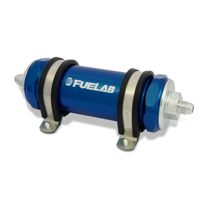 Fuelab 828 In-Line Fuel Filter Long -12AN In/Out 10 Micron Fabric – Blue