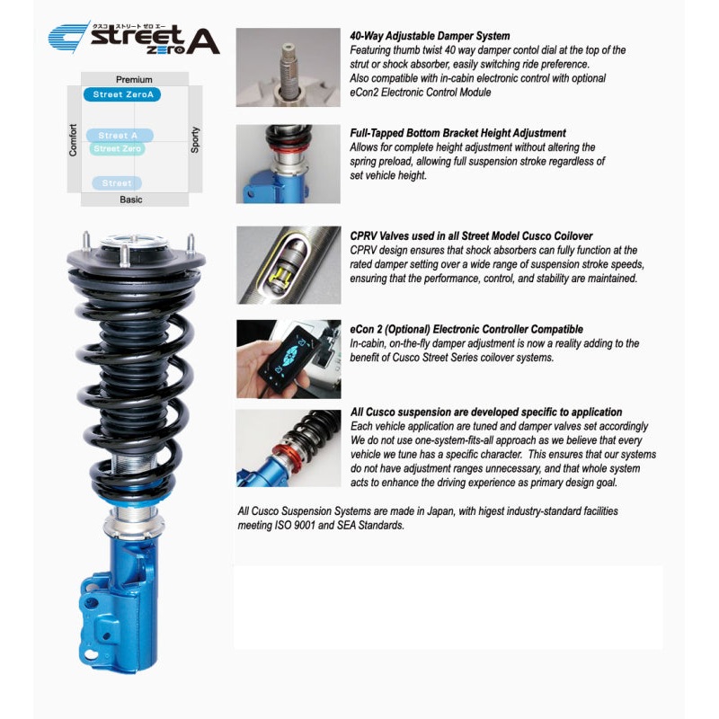 Cusco Street Zero-A Coilovers Full Height Adjustable Pillowball 98-01 Mitsubishi Evolution 5, 6