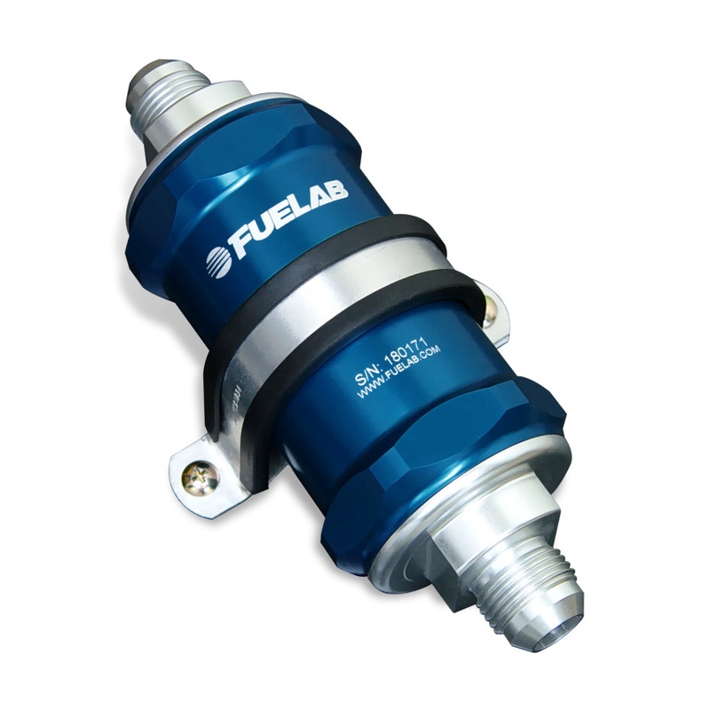 Fuelab 818 In-Line Fuel Filter Standard -10AN In/-12AN Out 10 Micron Fabric – Blue