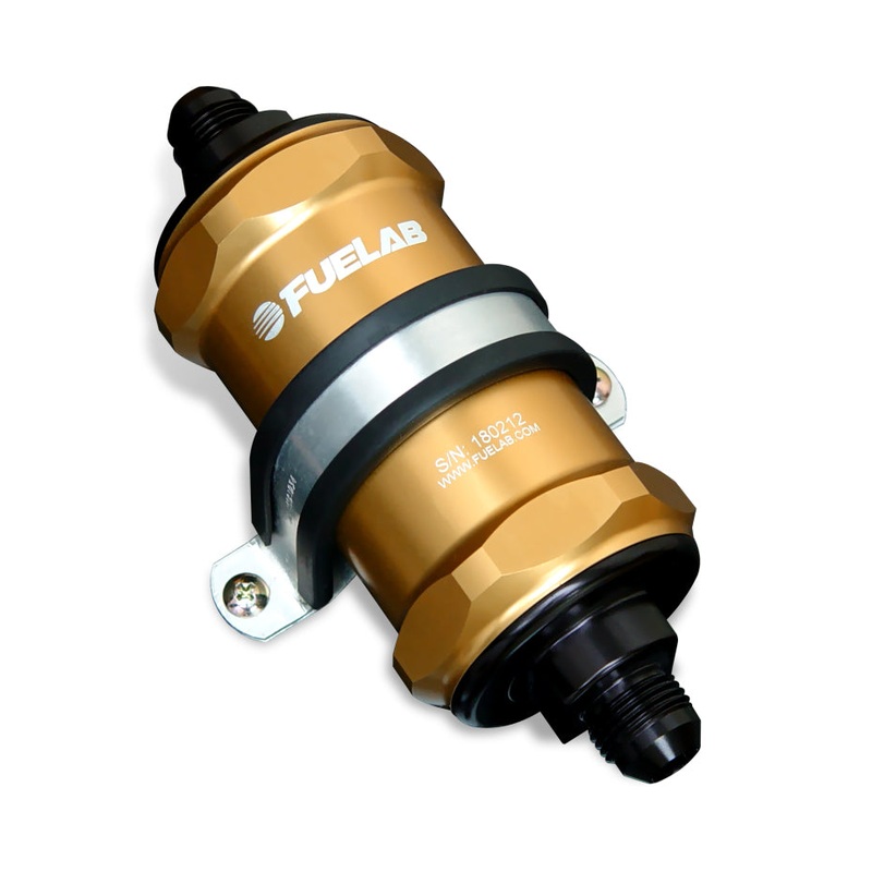 Fuelab 818 In-Line Fuel Filter Standard -8AN In/Out 6 Micron Fiberglass – Gold