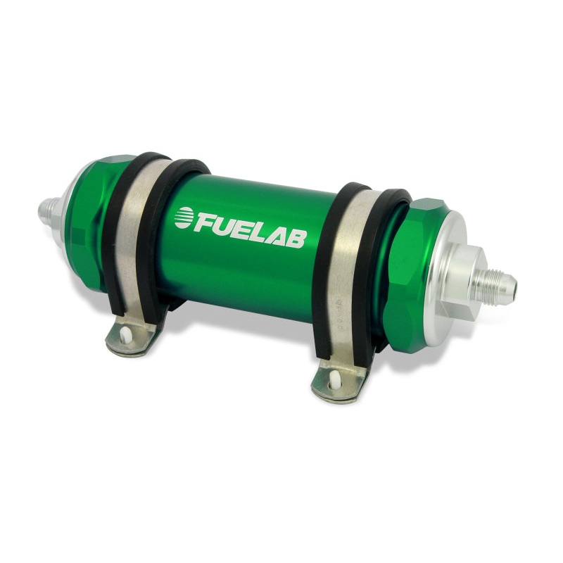 Fuelab 828 In-Line Fuel Filter Long -10AN In/-8AN Out 10 Micron Fabric – Green