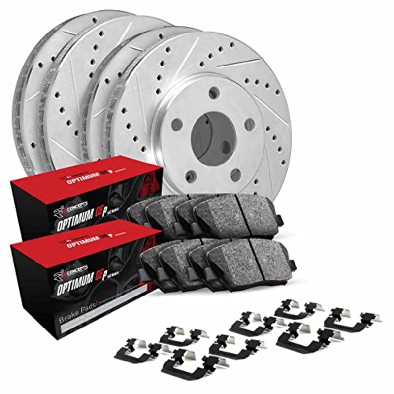 R1 Concepts Front Rear Brakes and Rotors Kit |Front Rear Brake Pads| Brake Rotors and Pads| Optimum OEp Brake Pads and Rotors |Hardware Kit|fits 2018-2022 Kia Stinger