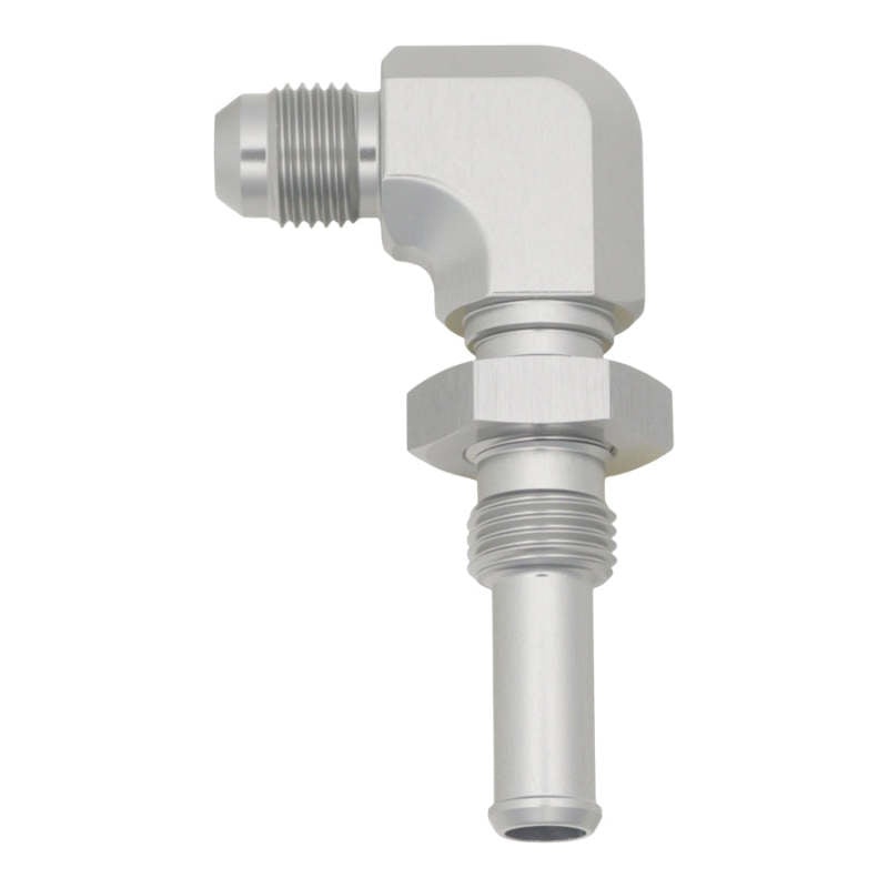 DeatschWerks 6AN Male Flare to 90-Degree 3/8in Single Hose Barb – Anodized DW Titanium